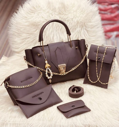 5 Pcs Women’s Pu Leather Plain Long Strap Hand Bag Wallet Set