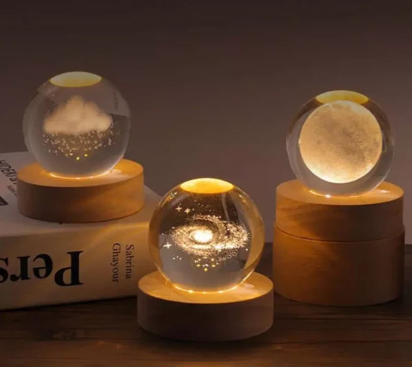 3d Galaxy Solar System Crystal Ball Night Light With Wooden Base, For Boys And Girls