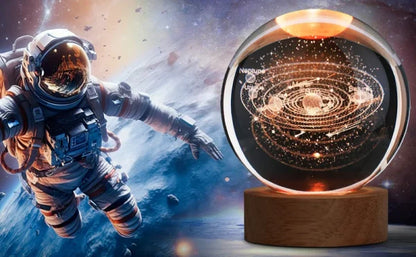 3d Galaxy Solar System Crystal Ball Night Light With Wooden Base, For Boys And Girls