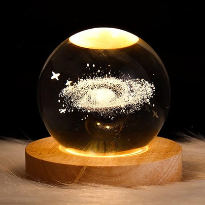 3d Galaxy Solar System Crystal Ball Night Light With Wooden Base, For Boys And Girls