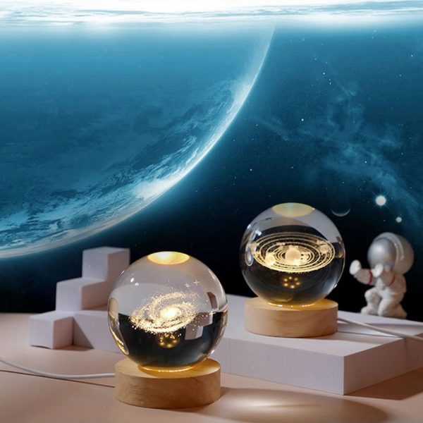 3d Galaxy Solar System Crystal Ball Night Light With Wooden Base, For Boys And Girls