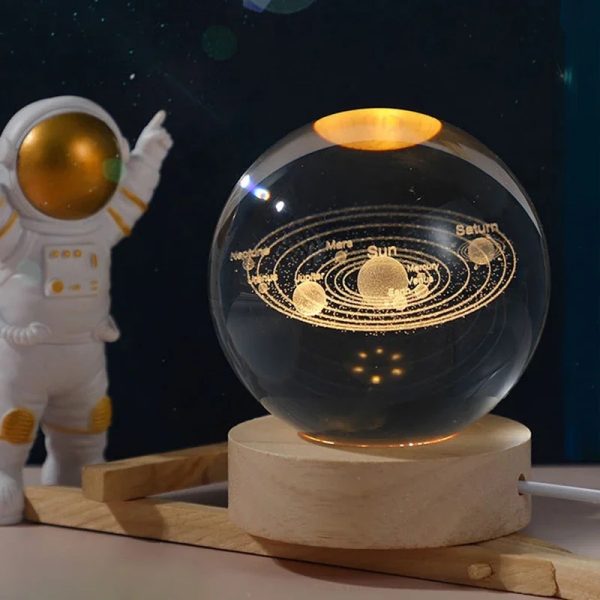 3d Galaxy Solar System Crystal Ball Night Light With Wooden Base, For Boys And Girls